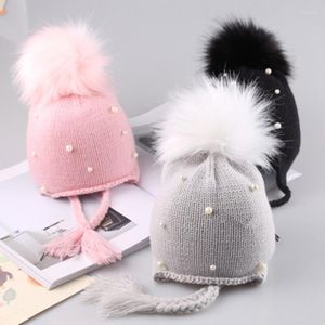 Hats Born Infant Kids Baby Boy Girls Cute Pearl Hair Ball Earbud Crochet Winter Warm Knit Cap Gift