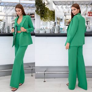 Pantaloni eleganti da donna verdi adatti a 3 pezzi Set di pantaloni svasati con blazer a vita alta da sera a vita alta