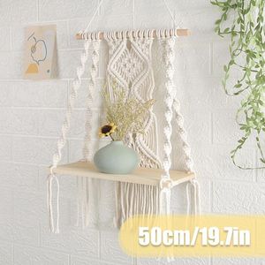 Tapestries Wooden Floating Shelf Macrame Wall Hanging Board Bohemian Woven Rope Swing Display Home Book Plant Storage Holder