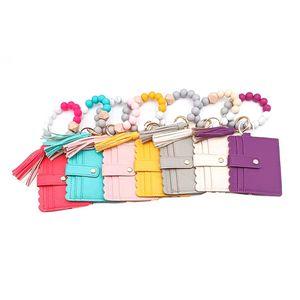 Silikon Perlen Armband Schlüsselbund Frauen tragbare Brieftasche PU Leder Quasten Kartentasche Anhänger Handgelenk Schlüsselbund