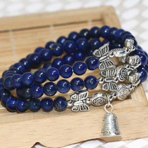Strand Silver-Color Bell Pendant Women Luxury Natural Blue Lapis Lazuli Multilayer Long Armband 6mm Round Beads Jewelry B2240