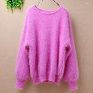 Women's Sweaters Elegant Fashion Pink Short Women Winter Long Mink Cashmere Angora Fur Lantern Batwing Sleeves Pullover Sweater