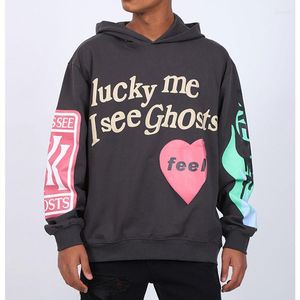 Moletons masculinos Harajuku Graffiti Lucky Me I See Ghosts Letter Winter Sweatshirts Masculino e Feminino Moletom Hip Hop Oversized Roupa Unissex