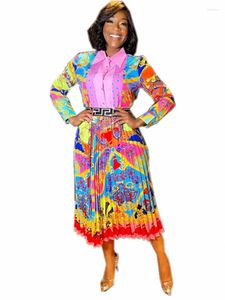 Повседневные платья Spring Pink Printed Plearted Long Dress Женщины мода африканское рукав рубашка кардиган ретро -рубашка дамы халат