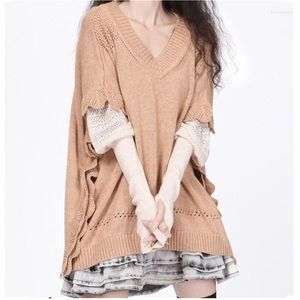 Women's Jackets Vintage V-neck Ruffles Shirt Hollow Holder Loose Sweater Knit Bats Cashmere Short-sleeved Hedging Wild