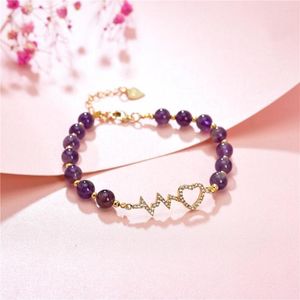Link Bracelets Cadeia de liga de zinco AMethysts Purple Crystal Strand Strand Yoga Healing Jóia Pulseira de Coração 7.5 polegadas Y998