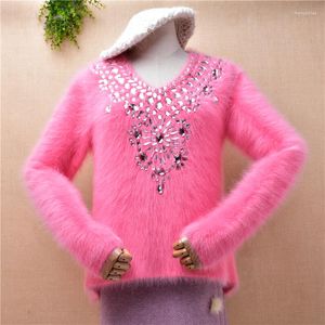Kvinnors tröjor damer kvinnor mode söt rosa tjock pärlstav hårig mink kashmir stickad v-hals smala blusar pullover angora päls jumper