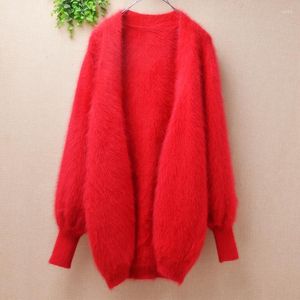 Maglieria da donna Donna Donna Moda Natale Rosso Peloso Visone peluche Cashmere Lavorato a maglia Maniche lunghe a lanterna Mantello allentato Giacca invernale in angora