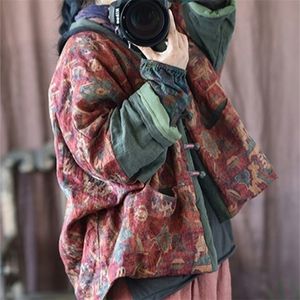 Women's Down Parkas Johnature Vintage Linen V-Neck Print Floral Patchwork Button Coats Winter Chinese Style Warm 221110