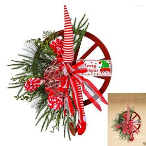 Decoratieve bloemen Kerstmiskrans Home Decor Red Waggon Wheel Garland Boerderij Krans voordeur Lint versierd met kunstmatige planten