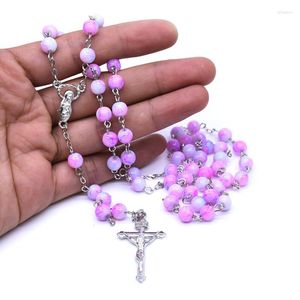 Anhänger Halsketten Religiöses Kreuz Rosenkranz Halskette Farbverlauf Lila Runde Perlen Chian Jungfrau Maria Schmuck Mode Halsband für Frauen