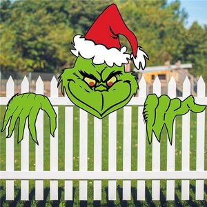 Christmas Decorations Fence Peeker Outdoor With Hand Sign For Winter Holiday Yard Art Garden Wall Tree Decor