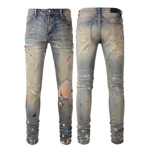 Lackierter Effekt zerstörte Loch -Denim -Jeans für Homme Mens Slim Fit Style