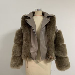 Frauen Mantel Thanksgiving Geschenk Winter Revers Nachahmung Fuchs Faux Fuchs Pelz Spleißleder Jacke Outdoor Freizeit Mode Straße mehrfarbige Ledermäntel