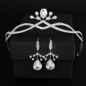 Elegant Water Drop Crystal Tiaras and Crown Headpiece with Earrings Fashion Bridal Wedding Jewelry Gift Hair Accessories