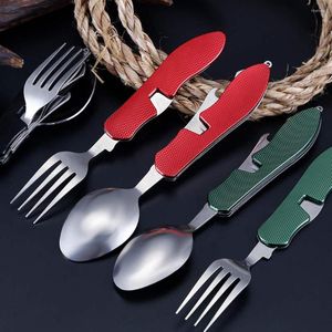 Dinnerware Sets Picnic Travel Tools Stainless Steel Spoon Folding Pocket Kits Camping Cooking Supplies 4 In 1 Outdoor Tableware Set Hiking