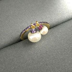Cluster Rings S925 Sterling Silver Pearl Purple Ring Female Golden Yellow Retro Temperament Index Finger Moroccan Jewelry