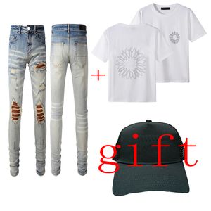 Für Papa Jeans Männer Frauen Jeans Designer Jean Summer T -Shirt Schlankes Fit Hip Hop Hosen Langes gerade leichtes Muster Geschenk ein Hut 4 Stile Denimhose coole Hose -Loch -Kleidung