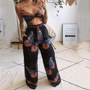 Women's Two Piece Pants Fashion Butterfly Printed Set Women Sleeveless Crop Tops Long High Waist Boho Beach Wide Leg Trouser Suit