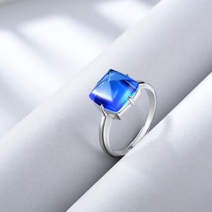 Cluster Rings E S925 Sterling Silver Ring Blue Square Crystal Gemstone Weddings Band för Women Girl Gift Justerbar Fashion Jewelry