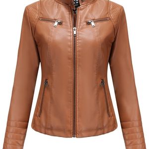 Casaco feminino de couro feminino Autumn Winter Manga longa Plus Tamanho Moda Ladies Zipper sólido Biker Coat feminino Casual Outwear 221111