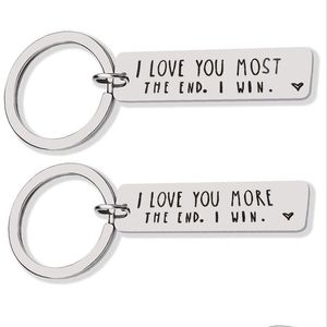 Nyckelringar Alla hjärtans dag Key Rings Jag älskar dig mer Slutbokstaven Keychain Rostfritt stål Keyring för män Kvinnor Dropp Leverans Jewelr Dhl8e