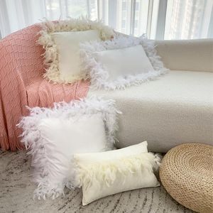 Pillow Feather Decoration Velvet Cover Beige White Home Decor Decorative Sofa Throw Pillowcase 45x45/30x50cm