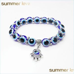 Beaded Fashion Turkey Evil Blue Eyes Beaded Bracelets Strands Men Women Religious Hamsa Hand Charms Bracelet Bangles Wholesale Jewel Dh3Mq