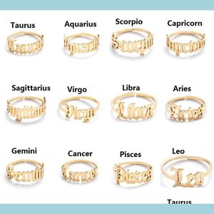 Anelli a fascia in acciaio inossidabile 12 Constellation Anello zodiacale per donna Uomo Design in stile antico Lettera Leone Ariete Anelli aperti Minimalista Je Dhqds