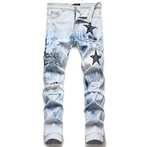 Jeans masculino europeu cintura média Jean Hombre Letter Star Men bordado patchwork rasgado para tendência marca motocicleta calça masculina skinny