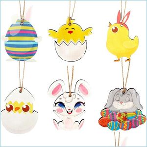 Party Favor Easter Wood Ornaments Chicken Bunny Shaped Wood Craft H￤ngande h￤nge med rep f￶r festdekor Drop Delivery Home Gar DHFKS