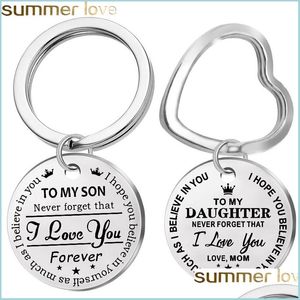 Key Rings Fashion Stainless Steel Keychain Engraved To My Son Daughter Forever Love Mom Keyring Key Chains Charm Pendant Jewelry Gif Dhsjx