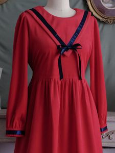 Casual Dresses Customized Spring Autumn Women Loose Plus Size 1980s Vintage England Style Sweet Velvet Sailor Blue Trim Cotton