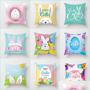 Kuddefodral Happy Easter Pillow Case Bunny Egg Decorative Cushion er Cartoon Rabbit Print Pillow For Sofa Car Home Decor 45x45cm Drop Dhsjy