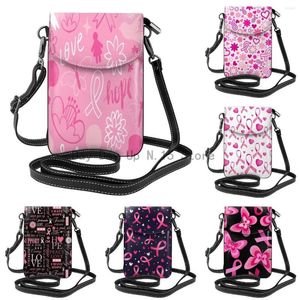 Duffel Väskor Pink Ribbon Support Breast Cancer Mönster Kvinnor mobiltelefon handväska läder crossbody väska mini axelkort hållare plånbok