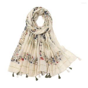 Ethnic Clothing Printed Soft Linen Cotton Scarf Shawls Women Luxury Premium Foulard Femme Long Floral Tassel Scarfs Scarves Echarpe Hijabs