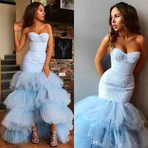 라이트 스카이 블루 댄스 파티 드레스 섹시한 연인 계층 얇은 명주 그물이 저녁 가운 높은 낮은 몸통 칵테일 형식 파티 드레스 여자 형식 착용