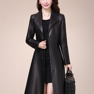 Women's Leather Faux Nerazzurri Spring autumn long black soft faux leather coat women sleeve buttons slim fit Elegant jacket 221111