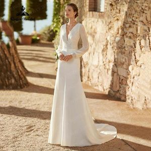 Wedding Dress Elegant Sheath Boho Dresses Long Puffy Sleeves Pearl Buttons Ivory Chiffon Gown Vestido Longo Beach Bridal