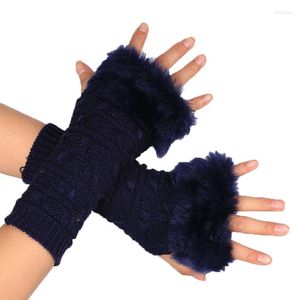 膝パッド冬の半分爪のグローブ学生のための暖かい腕の袖を書きますフィンガーレスニットソリッドカラーストライプミトン