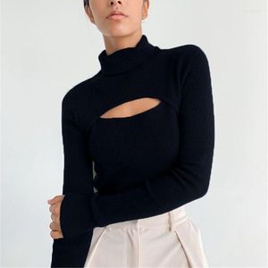 Kvinnors tröjor Kvinnor långärmad Turtleneck tröja Sexig klippt ut nyckelhål Front Ribbed Knit Pullover Top Solid Color Slim Jumper Shirt