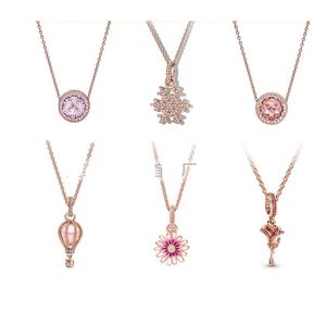 S925 Silver Rose Gold Shining Snowflake Pendant Necklace DIY fit Pandora Charm Jewelry gift