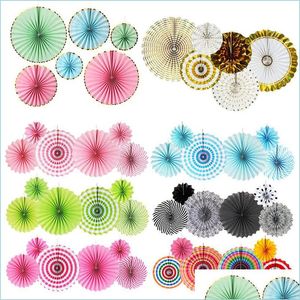 Other Festive Party Supplies Paper Fan Flower Round Wheel Fans Purple Green Blue Pink Kids Birthday Party Decorative 6Pcs/Set Mixe Dh4Dj