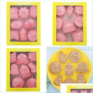 Moldes de cozimento Eid Mubarak Cookie Mod 3D DIY Ramadan Isl￢mico Muslim Stamp Biscuit Cutters Remopeamento Ferramenta de fontes de panifica￧￣o Deliver