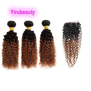 Cabelo humano brasileiro de Yrusupeias 3 Pacotes com 4x4 Fechamento de renda Kinky Curly 4 pcs 1b 30 ombre cor 10-30 polegadas