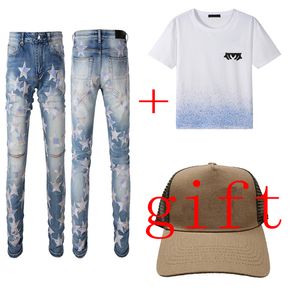 Hosen für Männer, Frauen, Jeans, Slim-Fit-Jeans, Distressed Ripped Jean, einfaches, solides T-Shirt, kurzärmelige, lässige Buchstabendruck-Hemden, Hip-Hop-Straßenhose, Schwarz, Weiß, Blau