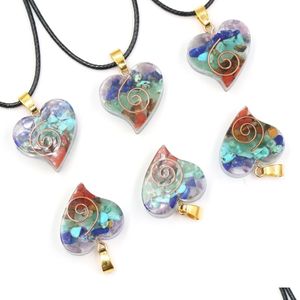 Colares pendentes coração reiki lascas de cura chips stone natal chakra orgone energia pingente pingente pendum amet orgonita colar de cristal dhcwk