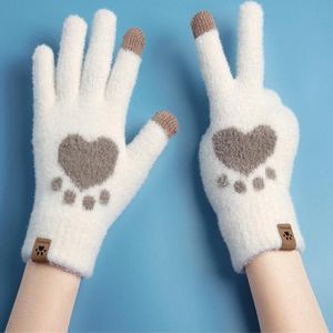 Women Cartoon Cat Claw Gloves Girls Thickened Plush Lovely Style Mittens Fingers Winter Warm Phone Touchscreen Knitted Gloves