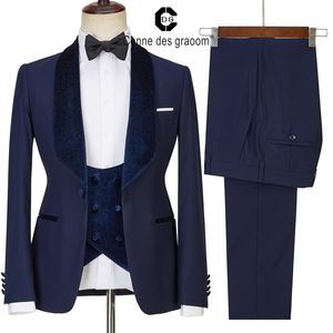 Мужские костюмы Blazers Cenne des Graoom Design Navy Blue Shiny Velvet Lypem For Men Giftwedding Party Blazer Жилеты 3 штуки 2 221111