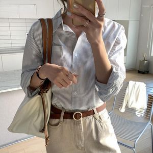 Camicette da donna primavera autunno moda popeline gessato camicetta semplice casual tasca risvolto camicia ampia temperamento top donna